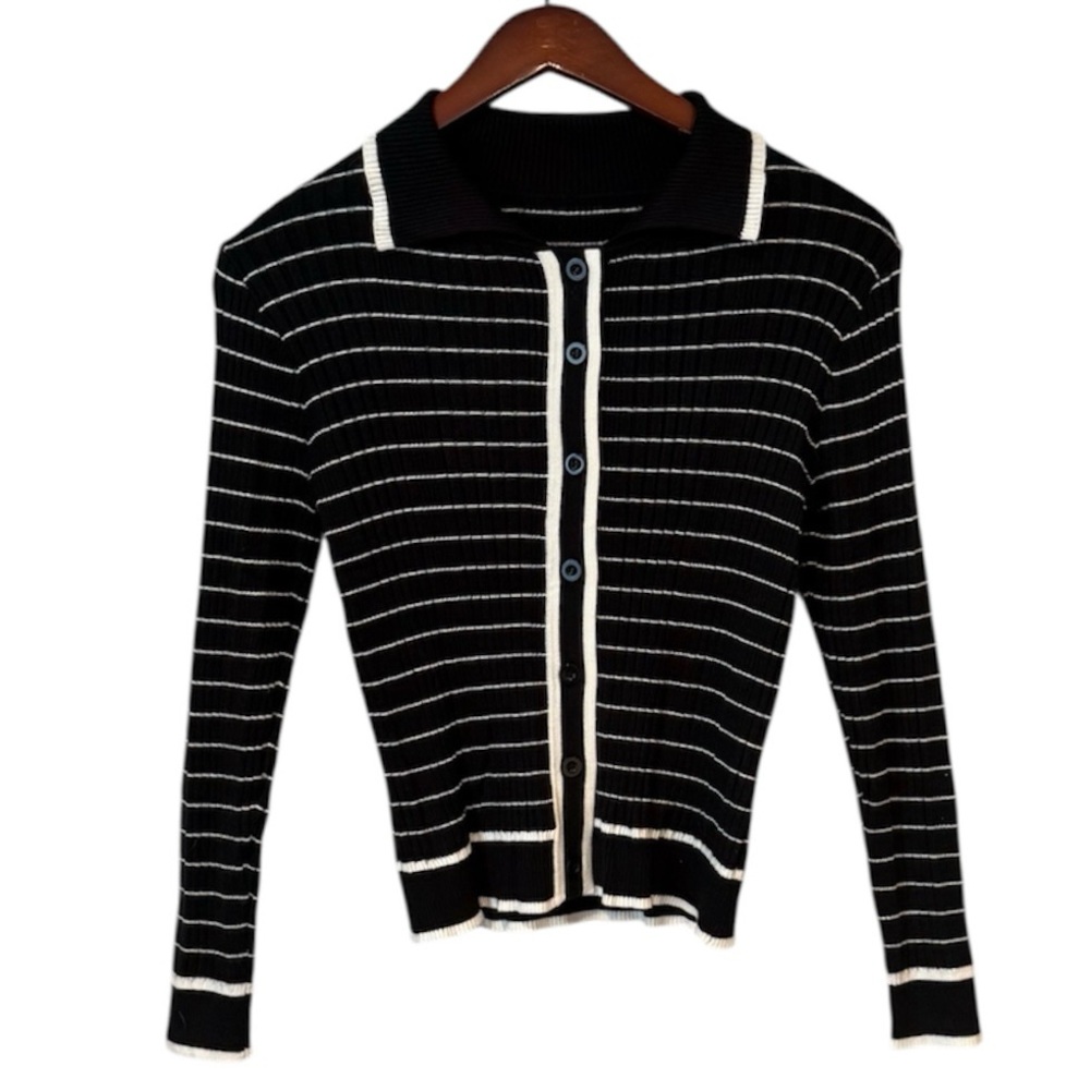 Black & White Striped Button Down Fitted Sweater Size Small